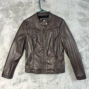 Brave Soul Brown Faux Leather Moto Jacket Women’s Large Fleece Lined